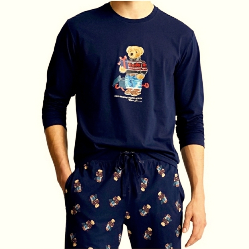 NWT Polo Ralph Lauren Men's 2-Pc.Cotton Polo Bear Pajamas Set, Size M, Nevy Blue
